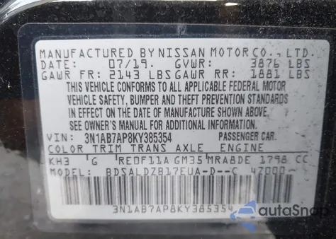 2019 Nissan Sentra Sv z USA, uszkodzony, nr VIN 3N1AB7AP8KY385354